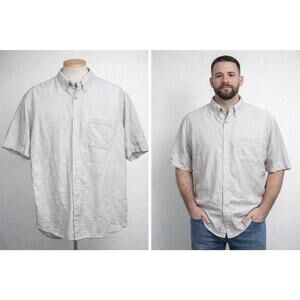 Savile Row Mens L Linen Cotton Blend Button Down Shirt Ivory Short Sleeve Preppy
